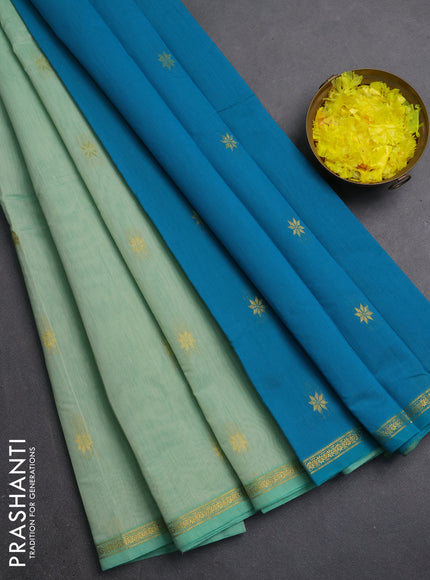 Semi maheswari cotton saree teal green and teal blue with zari woven buttas and small zari woven border