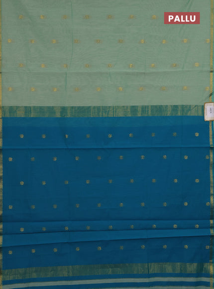 Semi maheswari cotton saree teal green and teal blue with zari woven buttas and small zari woven border