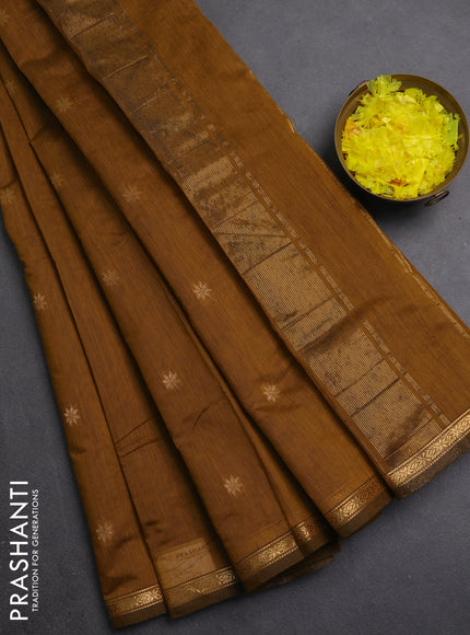 Semi maheswari cotton saree mustard green with zari woven buttas and small zari woven border