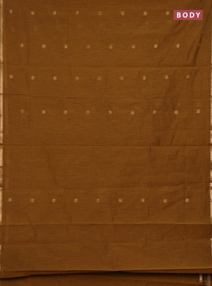 Semi maheswari cotton saree mustard green with zari woven buttas and small zari woven border