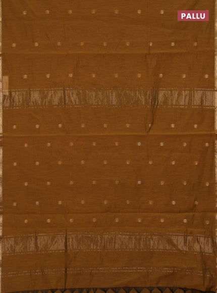 Semi maheswari cotton saree mustard green with zari woven buttas and small zari woven border