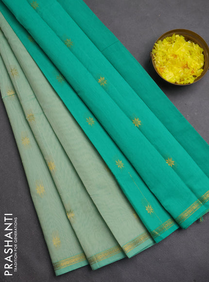 Semi maheswari cotton saree teal green and green shade with zari woven buttas and small zari woven border