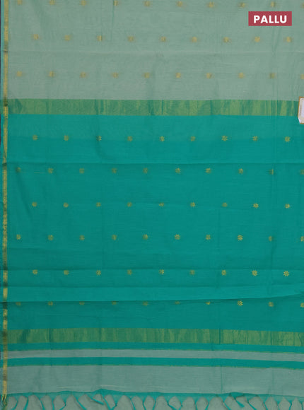 Semi maheswari cotton saree teal green and green shade with zari woven buttas and small zari woven border