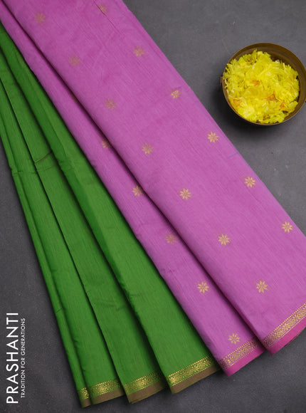 Semi maheswari cotton saree green and pink with zari woven buttas and small zari woven border