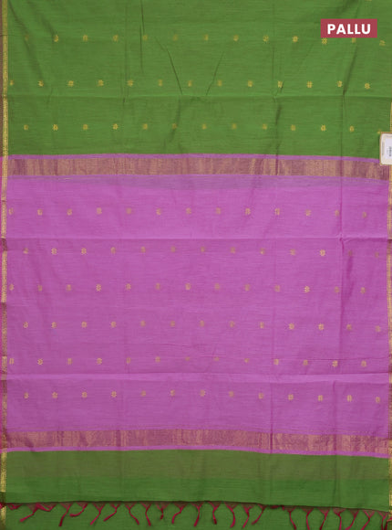 Semi maheswari cotton saree green and pink with zari woven buttas and small zari woven border