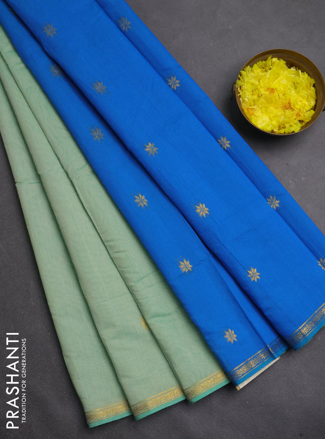 Semi maheswari cotton saree teal green and cs blue with zari woven buttas and small zari woven border