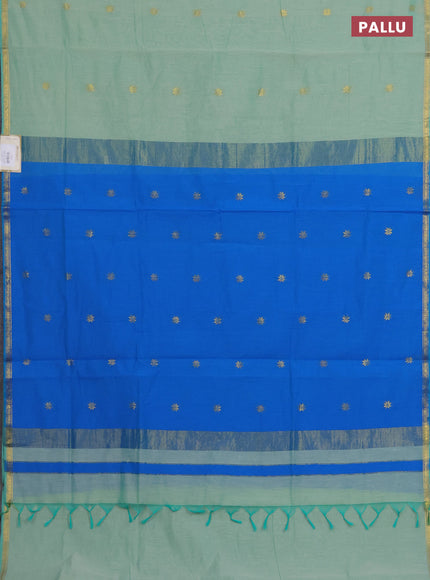 Semi maheswari cotton saree teal green and cs blue with zari woven buttas and small zari woven border
