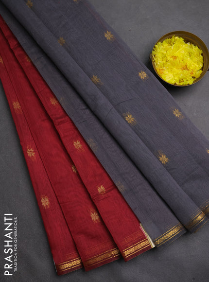 Semi maheswari cotton saree maroon and grey with zari woven buttas and small zari woven border