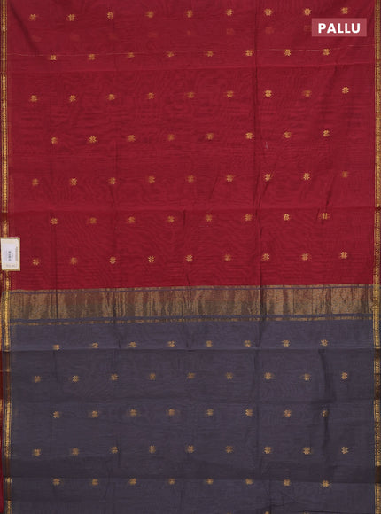 Semi maheswari cotton saree maroon and grey with zari woven buttas and small zari woven border