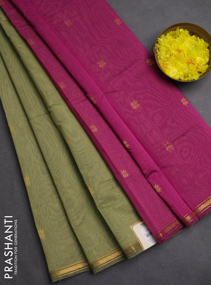 Semi maheswari cotton saree pista green and magenta pink with zari woven buttas and small zari woven border