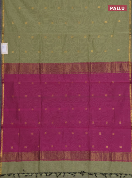 Semi maheswari cotton saree pista green and magenta pink with zari woven buttas and small zari woven border