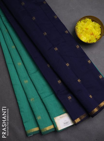 Semi maheswari cotton saree teal green and navy blue with zari woven buttas and small zari woven border
