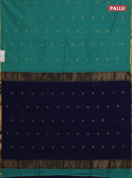 Semi maheswari cotton saree teal green and navy blue with zari woven buttas and small zari woven border