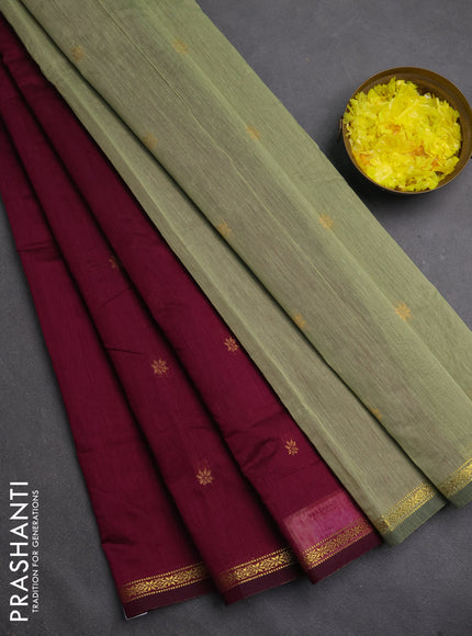 Semi maheswari cotton saree dark purple and pastel green with zari woven buttas and small zari woven border