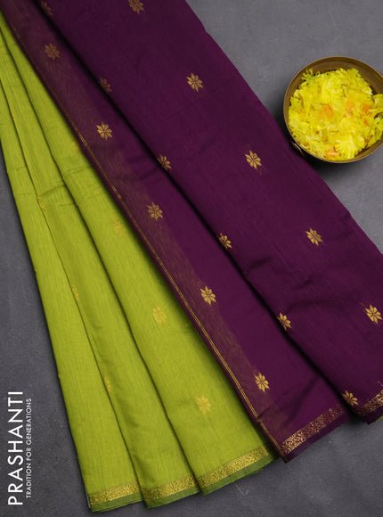 Semi maheswari cotton saree lime green and purple with zari woven buttas and small zari woven border