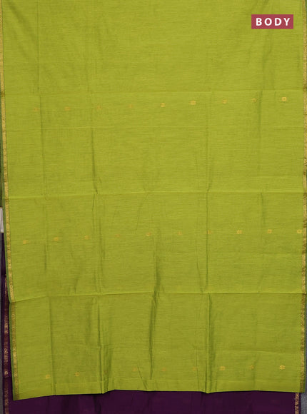 Semi maheswari cotton saree lime green and purple with zari woven buttas and small zari woven border