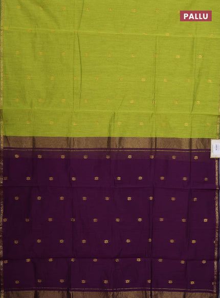 Semi maheswari cotton saree lime green and purple with zari woven buttas and small zari woven border