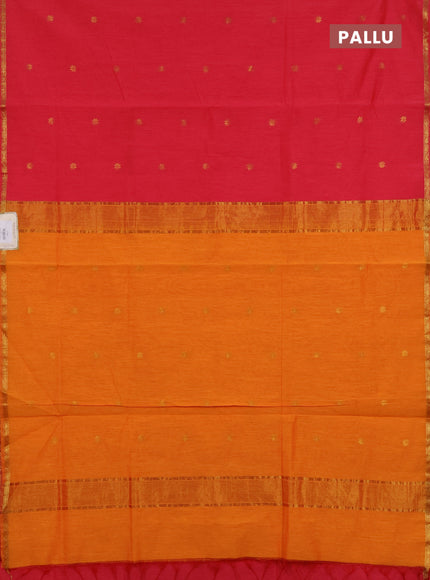 Semi maheswari cotton saree tomato red and orange with zari woven buttas and small zari woven border