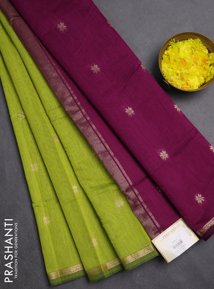Semi maheswari cotton saree lime green and purple with zari woven buttas and small zari woven border