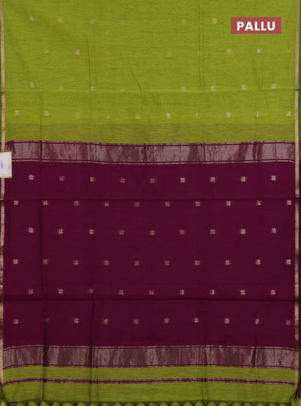 Semi maheswari cotton saree lime green and purple with zari woven buttas and small zari woven border