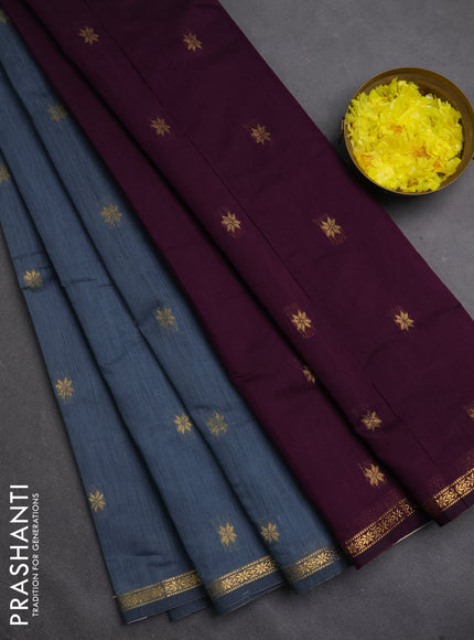 Semi maheswari cotton saree grey shade and purple with zari woven buttas and small zari woven border