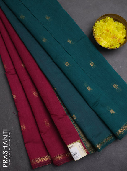 Semi maheswari cotton saree dark magenta pink and teal green with zari woven buttas and small zari woven border
