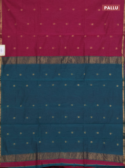 Semi maheswari cotton saree dark magenta pink and teal green with zari woven buttas and small zari woven border