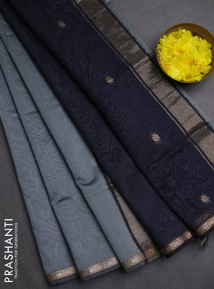 Semi maheswari cotton saree grey shade and black with zari woven buttas and small zari woven border