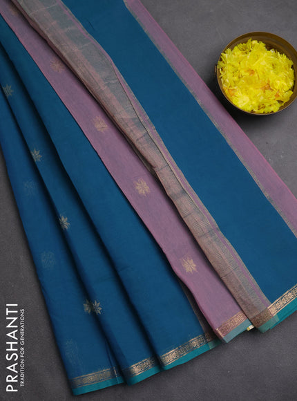 Semi maheswari cotton saree peacock green and pink shade with zari woven buttas and small zari woven border
