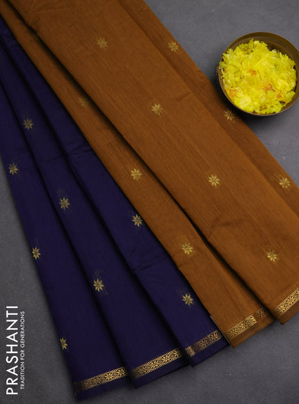 Semi maheswari cotton saree navy blue and dark mustard with zari woven buttas and small zari woven border