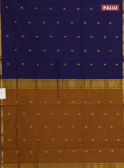 Semi maheswari cotton saree navy blue and dark mustard with zari woven buttas and small zari woven border