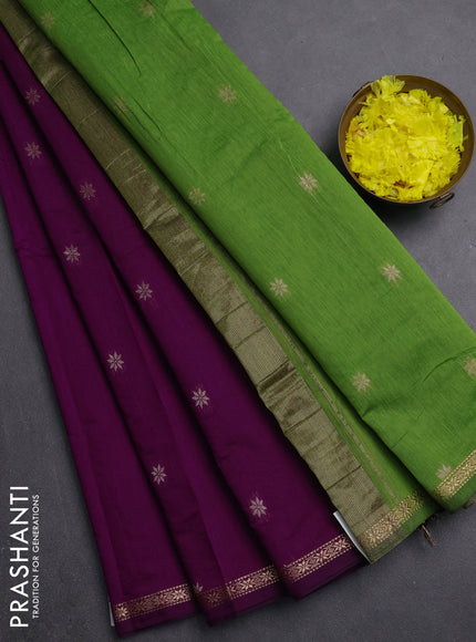 Semi maheswari cotton saree purple and green with zari woven buttas and small zari woven border