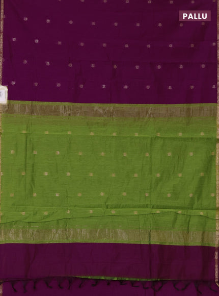 Semi maheswari cotton saree purple and green with zari woven buttas and small zari woven border