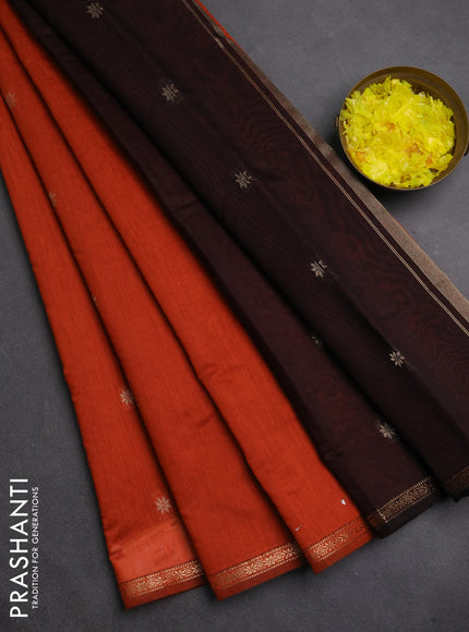 Semi maheswari cotton saree black and rust with zari woven buttas and small zari woven border