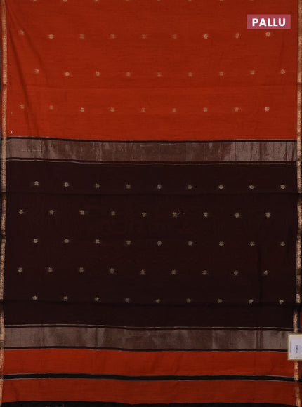 Semi maheswari cotton saree black and rust with zari woven buttas and small zari woven border