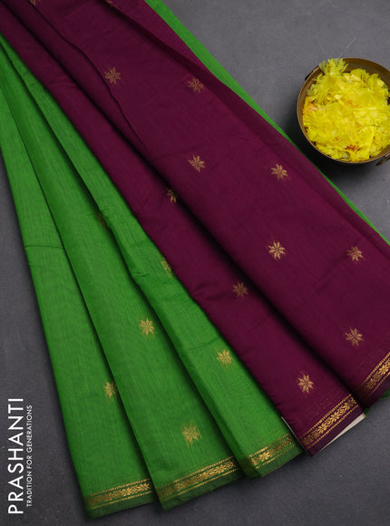 Semi maheswari cotton saree green and purple with zari woven buttas and small zari woven border