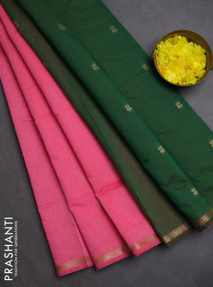 Semi maheswari cotton saree pink and green with zari woven buttas and small zari woven border