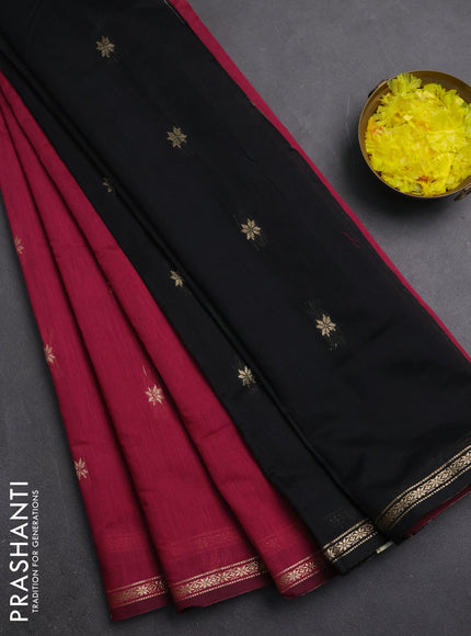 Semi maheswari cotton saree magenta pink and black with zari woven buttas and small zari woven border