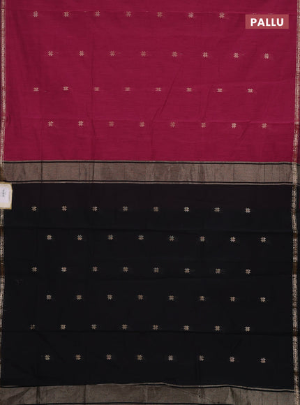 Semi maheswari cotton saree magenta pink and black with zari woven buttas and small zari woven border