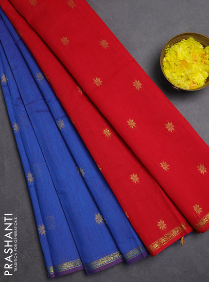 Semi maheswari cotton saree blue and red with zari woven buttas and small zari woven border