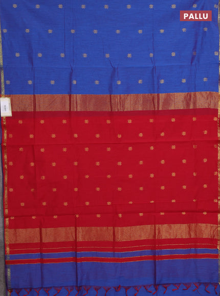 Semi maheswari cotton saree blue and red with zari woven buttas and small zari woven border