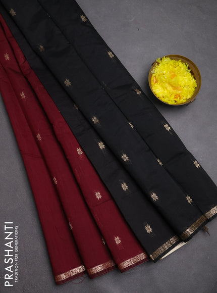 Semi maheswari cotton saree maroon and black with zari woven buttas and small zari woven border