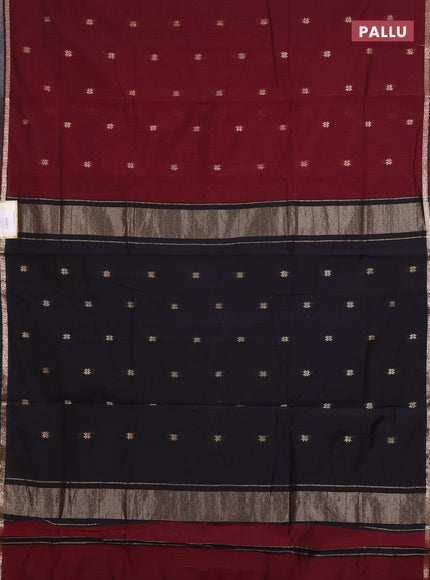 Semi maheswari cotton saree maroon and black with zari woven buttas and small zari woven border