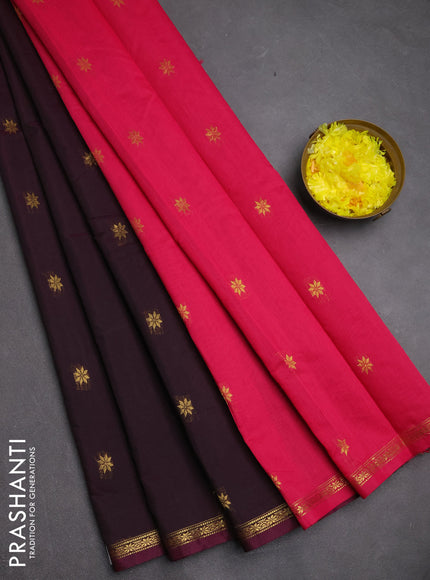 Semi maheswari cotton saree wine and pink with zari woven buttas and small zari woven border