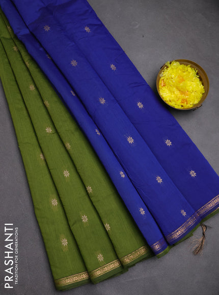 Semi maheswari cotton saree mehendi green and blue with zari woven buttas and small zari woven border