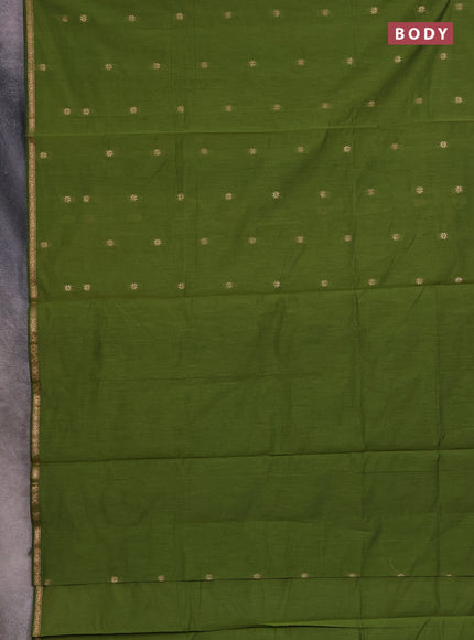 Semi maheswari cotton saree mehendi green and blue with zari woven buttas and small zari woven border