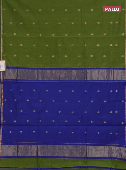 Semi maheswari cotton saree mehendi green and blue with zari woven buttas and small zari woven border