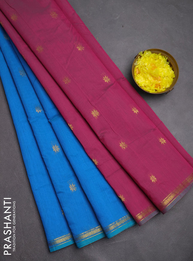 Semi maheswari cotton saree cs blue and pink with zari woven buttas and small zari woven border