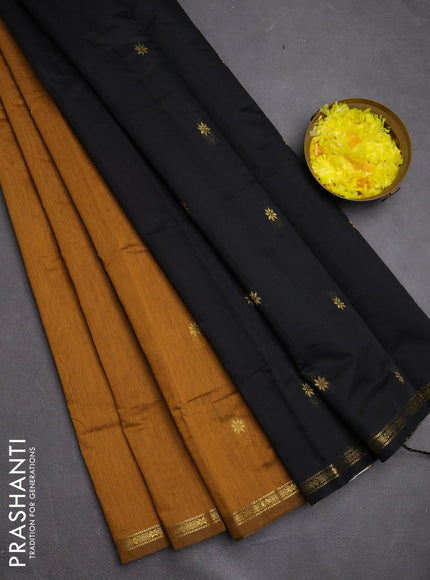Semi maheswari cotton saree dark mustard and black with zari woven buttas and small zari woven border