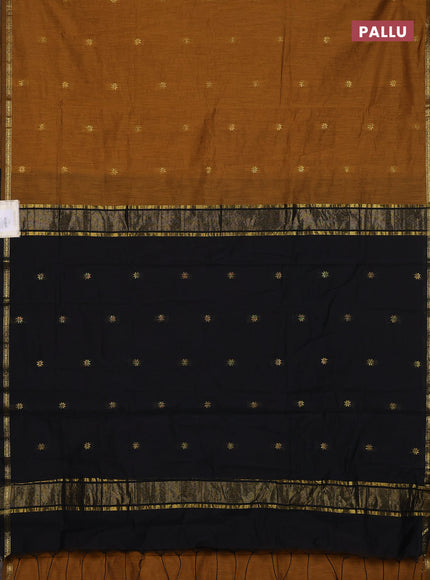 Semi maheswari cotton saree dark mustard and black with zari woven buttas and small zari woven border